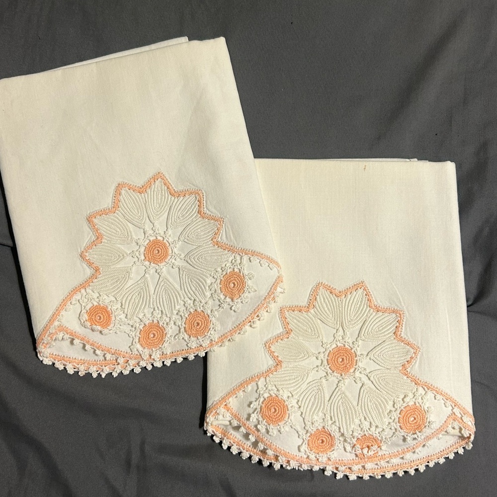 Vintage Pair‎ of Pillowcases with Peach and White Crochet Inset and Trim